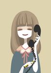  beige_background brown_hair closed_eyes commentary corded_phone cutting eyelashes facing_viewer hobby_knife holding holding_phone horror_(theme) long_hair no_lineart nona_drops open_mouth original phone pink_ribbon pun ribbon simple_background solo talking talking_on_phone upper_body 