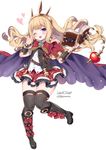  ;d arm_guards bad_id bad_pixiv_id bangs black_footwear black_legwear blonde_hair blunt_bangs blush book boots bracelet cagliostro_(granblue_fantasy) cape full_body glowing granblue_fantasy heart holding holding_book jewelry knee_boots knees_together_feet_apart liquid long_hair looking_at_viewer one_eye_closed open_book open_mouth purple_eyes red_ribbon red_skirt ribbon signature simple_background skirt smile solo test_tube thighhighs v very_long_hair white_background yuuhi_homare 
