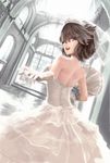  backless_dress backless_outfit bare_shoulders bismarck_(zhan_jian_shao_nyu) blue_eyes bouquet bridal_gauntlets brown_hair church dress flower highres jewelry looking_back open_mouth rain_(icetuofei) ring smile solo tears teeth wedding_band wedding_dress zhan_jian_shao_nyu 