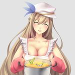  ^_^ aircraft airplane apron blonde_hair blush breasts cleavage closed_eyes food highres l.sy large_breasts lexington_(zhan_jian_shao_nyu) long_hair naked_apron oven_mitts pot smile solo soup teeth zhan_jian_shao_nyu 