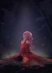  anonymous_drawfag bare_shoulders black_legwear center_opening detached_sleeves dress dust guilty_crown hair_ornament hairclip highres kneeling long_hair long_sleeves pantyhose pink_hair praying red_dress simple_background solo source_request thighhighs twintails yuzuriha_inori 