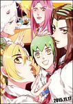  3girls black_border blonde_hair blurry border braid brown_eyes brown_hair cup dated depth_of_field desk double_bun drinking_straw ermes_costello foo_fighters green_eyes green_hair green_lipstick grey_hair grin hand_on_another's_head horns jojo_no_kimyou_na_bouken kuujou_jolyne lipstick long_hair makeup multicolored_hair multiple_boys multiple_girls nail_polish narciso_anasui pink_hair pink_lipstick pink_nails rena_(renasight) school_uniform short_hair smile two-tone_hair v weather_report 