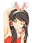  alternate_costume animal_ears arm_over_head armpits bare_arms black_hair bunny_ears bunnysuit closed_eyes eyelashes fake_animal_ears hair_tubes hairband hakurei_reimu highres orb sidelocks simple_background smile solo tokonbu touhou white_background yin_yang 