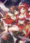 &gt;:) angel_wings asymmetrical_legwear bare_shoulders black_hair boots box breasts cape christmas cleavage elbow_gloves feathers gift gift_box gloves highres index_finger_raised knee_boots love_live! love_live!_school_idol_project midriff multiple_girls navel nishikino_maki purple_eyes red_eyes red_hair santa_costume skirt small_breasts smile twintails v-shaped_eyebrows wings yazawa_nico yuran 
