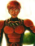  brown_hair closed_eyes glasses goggles goggles_around_neck goggles_removed headwear_removed helmet helmet_removed male_focus mumen_rider one-punch_man smile solo tomatomatotto upper_body 