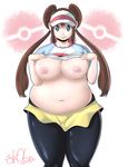  areolae blue_eyes breasts breasts_outside brown_hair double_bun fat flashing hat highres huge_breasts inverted_nipples large_breasts leggings looking_at_viewer mei_(pokemon) navel nipples pantyhose plump pokemon pokemon_(game) pokemon_bw2 ryan_o'dell shirt_lift shorts simple_background smile solo teeth thick_thighs thighs twintails visor_cap 
