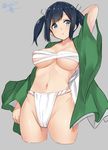  :o arm_behind_head arm_up black_hair blue_eyes blush breasts budget_sarashi cleavage collarbone cropped_legs fundoshi grey_background groin hair_ribbon isshiki_(ffmania7) japanese_clothes kantai_collection kimono large_breasts long_sleeves looking_at_viewer midriff navel open_clothes open_kimono parted_lips ribbon sarashi short_hair sidelocks simple_background solo souryuu_(kantai_collection) standing stomach twintails twitter_username two_side_up underboob wide_sleeves 