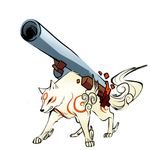  amaterasu artist_request berserk cannon colorized drawfag gun no_humans official_style ookami_(game) shotgun solo source_request tail weapon white_hair wolf 