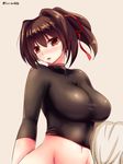  breasts brown_eyes brown_hair hair_ribbon highres impossible_clothes impossible_shirt ise_(kantai_collection) kantai_collection large_breasts looking_at_viewer nontraditional_miko open_mouth ponytail ribbon saboten_teishoku shirt short_hair skin_tight solo undershirt 