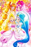  absurdres akagi_towa amanogawa_kirara blue_eyes blue_hair braid cure_flora cure_mermaid cure_scarlet cure_twinkle dress dress_up_premium_(go!_princess_precure) earrings flower gloves go!_princess_precure green_eyes happy haruno_haruka heart highres holding_hands jewelry kagawa_hisashi kaidou_minami long_hair mode_elegant_(go!_princess_precure) multiple_girls official_art one_eye_closed orange_hair pink_hair pointy_ears ponytail precure purple_eyes purple_hair red_eyes star tiara very_long_hair white_gloves 