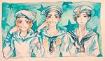  anchor_symbol black_eyes black_hair blonde_hair blue_eyes dixie_cup_hat hand_on_own_chin hat heart higashikata_jousuke_(jojolion) johnny_joestar jojo_no_kimyou_na_bouken jojolion kira_yoshikage_(jojolion) military_hat mouth_pull multiple_boys sailor_collar sailor_hat sandsawako star starry_background steel_ball_run tooth_gap traditional_media twitter_username watermark web_address 