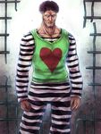  clenched_hand collarbone heart inaba-no-kuni-tottori iron_bars looking_at_viewer male_focus muscle one-punch_man prison_clothes puri_puri_prisoner solo striped_clothes 
