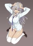  :d bottomless breasts fang full_body grey_background grey_hair hands_on_own_head large_breasts loafers long_hair looking_at_viewer musashimaru necktie open_mouth original purple_eyes shoes simple_background sitting sketch smile solo thighhighs wariza white_legwear 