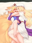  animal_ears barefoot blonde_hair blush breasts closed_eyes cuddling dress feet fox_ears fox_tail full-face_blush hat hug large_breasts long_hair lying mizuga mob_cap multiple_girls multiple_tails open_mouth short_hair smile tail toes touhou yakumo_ran yakumo_yukari yellow_eyes yuri 