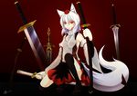  animal_ears black_legwear breasts detached_sleeves garo_(series) gradient gradient_background hat highres inubashiri_momiji inyuppo katana looking_at_viewer medium_breasts open_mouth pom_pom_(clothes) red_eyes short_hair silver_hair skirt solo sword tail tattoo thighhighs tokin_hat touhou weapon wolf_ears wolf_tail 
