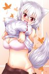  absurdres animal_ears banned_artist blush bra breasts detached_sleeves hat highres inubashiri_momiji large_breasts looking_at_viewer navel oohirakeisuke open_mouth red_eyes short_hair silver_hair smile solo tail tokin_hat touhou underwear undressing white_hair wolf_ears wolf_tail 