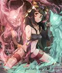  animal_ears bandeau bastet_(p&amp;d) black_hair cat cat_ears cat_tail commentary_request detached_sleeves egyptian facial_mark ghost hieroglyphics jewelry long_hair navel necklace paw_pose poini_(king-scarlet-dead) puzzle_&amp;_dragons slit_pupils solo tail thigh_strap yellow_eyes 