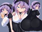  :&gt;= ass blue_background blue_eyes breasts cleavage dagashi_kashi drink hairband huge_ass large_breasts looking_at_viewer miyamaru pantyhose purple_hair ringed_eyes sexually_suggestive shidare_hotaru short_hair simple_background smile solo 