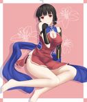  absurdres arm_support arm_warmers bangs barefoot black_hair blunt_bangs breasts china_dress chinese_clothes cleavage dress gloves highres large_breasts luoye personification red_eyes sitting smile solo wristband yat_sen_(zhan_jian_shao_nyu) zhan_jian_shao_nyu 
