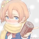  blue_eyes blush can canned_coffee gogi kousaka_honoka love_live! love_live!_school_idol_project one_side_up orange_hair scarf scarf_over_mouth side_ponytail solo twitter_username 