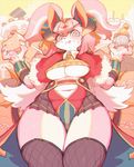  :d aoneko breasts cake chromatic_aberration cupcake food fullbokko_heroes furry holding horns large_breasts open_mouth pink pink_eyes pink_hair slit_pupils smile solo thighhighs too_many underboob 