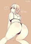  ? ahoge all_fours alpha_(yukai_na_nakamatachi) anastasia_(idolmaster) arm_support ass bikini commentary_request dated from_behind hood idolmaster idolmaster_cinderella_girls kneepits looking_at_viewer looking_back monochrome parted_lips sepia short_hair solo spoken_question_mark swimsuit thong thong_bikini 