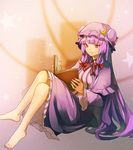  barefoot book capelet coat crescent dress eredhen hair_ribbon hat long_hair mob_cap nail_polish open_clothes open_coat patchouli_knowledge purple_eyes purple_hair reading ribbon sitting solo star striped striped_dress toenail_polish touhou tress_ribbon very_long_hair 