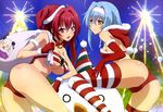  absurdres ass blue_hair breasts character_print christmas christmas_tree cleavage hair_intakes hairband hat highres large_breasts looking_at_viewer medium_breasts multiple_girls naruse_maria naruse_mio nonaka_yuki official_art open_mouth party_hat red_eyes red_hair sack santa_hat shinmai_maou_no_testament smile snowman striped striped_legwear underboob yellow_eyes 