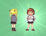  blonde_hair brown_hair clueless commentary_request english kill_me_baby long_hair meyuruge multiple_girls oribe_yasuna romaji school_uniform short_hair sonya_(kill_me_baby) twintails yuru_yuri 