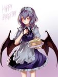  alternate_costume alternate_hair_length alternate_hairstyle apron bat_wings blue_dress cake cosplay dress enmaided eredhen food frilled_dress frills gradient gradient_background happy_birthday holding holding_plate izayoi_sakuya izayoi_sakuya_(cosplay) long_hair maid maid_apron maid_headdress no_hair_bow plate pov red_eyes remilia_scarlet ribbon shirt short_dress sleeveless sleeveless_dress solo standing strawberry_shortcake touhou white_shirt wings 