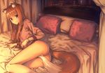  animal_ears ass bangs bed bed_sheet blurry blush bottomless brown_hair comb covering covering_crotch depth_of_field fang fang_out flat_chest highres hips holo indoors jewelry kawakami_rokkaku long_hair long_legs long_sleeves looking_at_viewer lying necklace no_panties on_side partially_visible_vulva pillow red_eyes ring room sheet_grab shiny shiny_hair shirt smile solo sparkle spice_and_wolf tail tail_censor thighs wedding_band wolf_ears wolf_girl wolf_tail wristband 