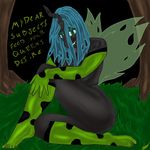  anthro bioman1998 black_fur blue_eyes blue_hair breasts butt dialogue english_text female fur grass green_eyes hair looking_at_viewer my_little_pony on_ground outside seductive sitting solo text torn_wings white_sclera wings 
