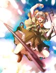  animal_ears arm_up basket blurry boots capelet cloud dowsing_rod dress eredhen full_body grey_hair highres jewelry long_sleeves looking_at_viewer mouse_ears mouse_tail nazrin necklace open_mouth red_eyes ribbon short_hair smile solo tail throwing touhou upskirt 