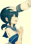  absurdres black_hair closed_eyes commentary fubuki_(kantai_collection) gloves hand_on_another's_head highres kantai_collection open_mouth out_of_frame petting ponytail ranf school_uniform serafuku short_sleeves smile solo_focus upper_body 