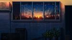  box building cardboard_box cloud door drum_(container) electric_fan glass house night night_sky niko_p no_humans original outdoors plant pole potted_plant power_lines reflection scenery sky star_(sky) sun tree twilight utility_pole window 