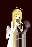  angel angel_wings blonde_hair commentary cooking cutting_hair cutting_own_hair food long_hair maroon_background no_lineart nona_drops noodles original pasta pot pun robe scissors simple_background solo steam surreal too_literal very_long_hair white_wings wings 