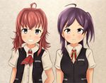  antenna_hair aqua_eyes arashi_(kantai_collection) grin hagikaze_(kantai_collection) haoto_(arnica_leaf) kantai_collection messy_hair multiple_girls neck_ribbon purple_hair red_hair red_ribbon ribbon school_uniform side_ponytail smile vest yellow_eyes 