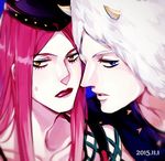  blue_eyes brown_eyes collarbone dated hat horn jojo_no_kimyou_na_bouken lipstick long_hair lowres makeup male_focus multiple_boys narciso_anasui pink_hair pink_lipstick rena_(renasight) silver_hair sweatdrop weather_report 