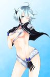  absurdres aqua_eyes black_gloves blue_background blue_hair breasts frofrofrost gloves highres long_hair looking_at_viewer medium_breasts navel one_eye_closed smile solo 