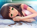  bangs bed bed_sheet blush breasts brown_hair cleavage clenched_hands curtains game_cg green_eyes hair_ornament hairclip hands_together happy indoors kanou_karen kurosaki long_hair looking_at_viewer lying medium_breasts mole mole_under_eye off_shoulder on_bed on_side parted_lips pillow smile solo tank_top uhou_renka under_covers upper_body 