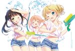  :d ;d ^_^ black_hair blonde_hair blue_eyes brown_hair closed_eyes cutoffs denim denim_shorts gochuumon_wa_usagi_desu_ka? green_eyes highres hoto_cocoa kirima_sharo koi_(koisan) light_brown_hair midriff multiple_girls navel one_eye_closed open_mouth shirt short_shorts shorts simple_background smile tied_shirt ujimatsu_chiya water water_gun wavy_mouth wet white_background 