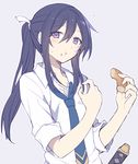  blush commentary_request doughnut dress_shirt eating food food_on_face hijiri_(resetter) looking_at_viewer male_focus necktie original ponytail purple_eyes purple_hair shirt solo sword_hilt white_shirt 
