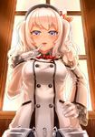  beret blue_eyes blush breasts double-breasted epaulettes finger_to_mouth gloves hand_on_hip hat kantai_collection kashima_(kantai_collection) large_breasts looking_at_viewer military military_jacket military_uniform smile solo twintails uniform white_gloves white_hair yhes70903 