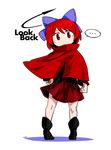  1girl bow byourou cape directional_arrow english from_behind hair_bow highres red_eyes red_hair sekibanki solo spoken_ellipsis touhou 