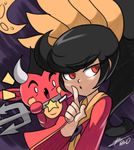  ashley_(warioware) bad_id bad_tumblr_id big_hair bigdead93 black_hair demon finger_to_mouth long_hair polearm red_(warioware) red_eyes shushing solo_focus trident twintails warioware weapon wide_sleeves 