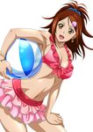  bachou_mouki ball bra breasts brown_hair cleavage hair_ornament hair_scrunchie holding ikkitousen looking_at_viewer medium_breasts navel open_mouth pink_bra scrunchie sideboob simple_background solo underwear white_background yellow_eyes 