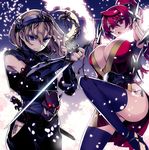  alternate_hairstyle belt between_fingers blonde_hair blue_eyes braid breasts cleavage fighting_stance flat_chest gauntlets hagoromo hair_intakes hairband hip_vent huge_breasts ishida_akira kunai making_of maou_(maoyuu) maoyuu_maou_yuusha mask multiple_girls ninja ninjatou official_art onna_kishi_(maoyuu) panties pink_eyes ponytail promotional_art red_hair reverse_grip sandals serious shawl sheath short_sword shoulder_pads shuriken side-tie_panties single_braid spiked_knuckles spikes standing standing_on_one_leg sword underwear weapon 