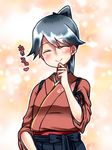  blue_hair blush closed_eyes hakama houshou_(kantai_collection) japanese_clothes kantai_collection kimono long_hair ponytail smile solo yokai 