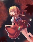  :d ahoge ass barefoot blonde_hair blush fang flandre_scarlet hair_ribbon kuro_(baseball0000) leaf long_hair looking_at_viewer looking_back maple_leaf open_mouth red_eyes ribbon short_sleeves side_ponytail skirt skirt_lift smile solo stone_lantern touhou wings 