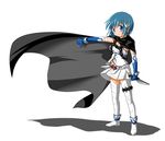  black_cape blue_eyes blue_hair cape combat_knife cosplay crossover kamen_rider kamen_rider_eternal kamen_rider_w knife kouga_(hipporit) mahou_shoujo_madoka_magica miki_sayaka parody rider_belt solo thumbs_down weapon 